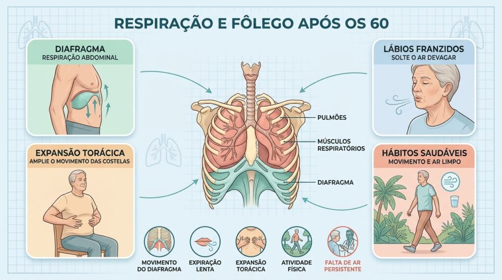 Respiração diafragmática, expiração controlada e expansão torácica complementam hábitos saudáveis e acompanhamento profissional.