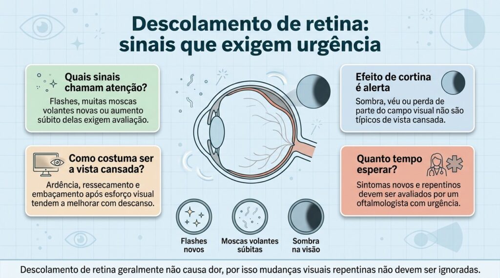 Mudanças visuais repentinas, especialmente flashes, moscas volantes novas e sombra no campo visual, precisam de avaliação oftalmológica urgente.