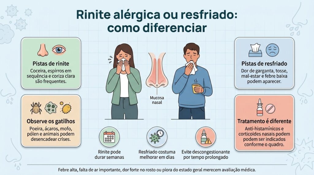 Coceira, espirros repetidos e crises ligadas a gatilhos favorecem rinite, enquanto sintomas gerais e duração curta apontam mais para resfriado.