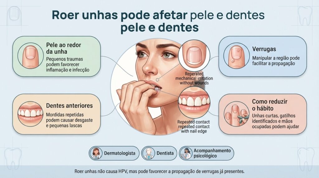 Infecções ao redor das unhas, propagação de verrugas e desgaste dentário estão entre as possíveis consequências da onicofagia persistente.
