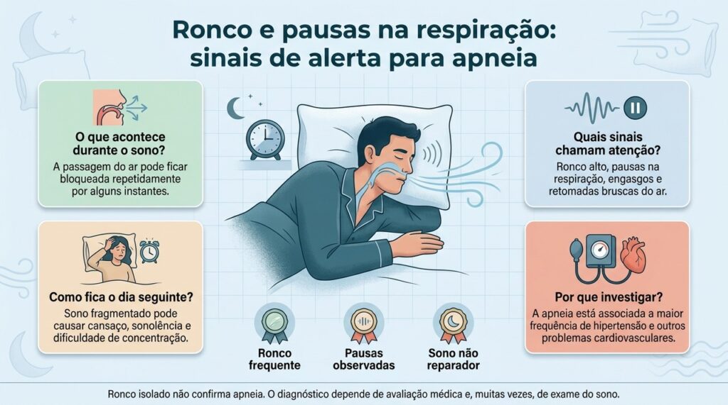 Ronco intenso, pausas respiratórias e sonolência durante o dia podem indicar a necessidade de investigar apneia do sono.