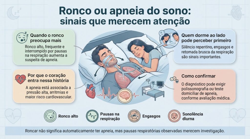 Pausas na respiração, engasgos e sonolência durante o dia são sinais que ajudam a diferenciar um ronco comum de uma possível apneia.