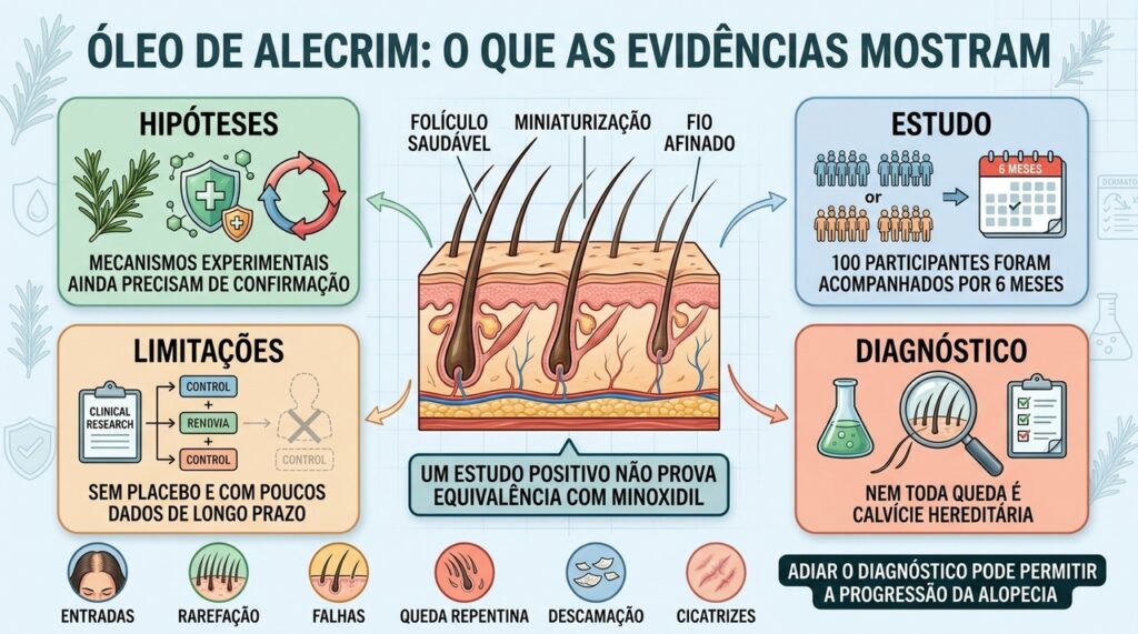 Estudos sobre alecrim são limitados e não comprovam equivalência com tratamentos convencionais.