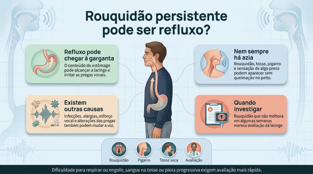 Refluxo laringofaríngeo pode provocar rouquidão, pigarro e tosse mesmo sem sintomas digestivos típicos.