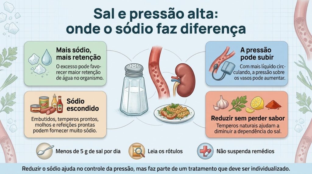Reduzir o excesso de sódio pode ajudar a baixar a pressão e complementa outras medidas do tratamento da hipertensão.