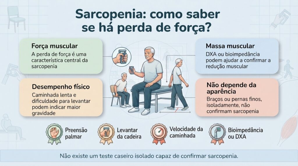 A sarcopenia é investigada principalmente pela perda de força, associada à redução muscular e ao desempenho físico.