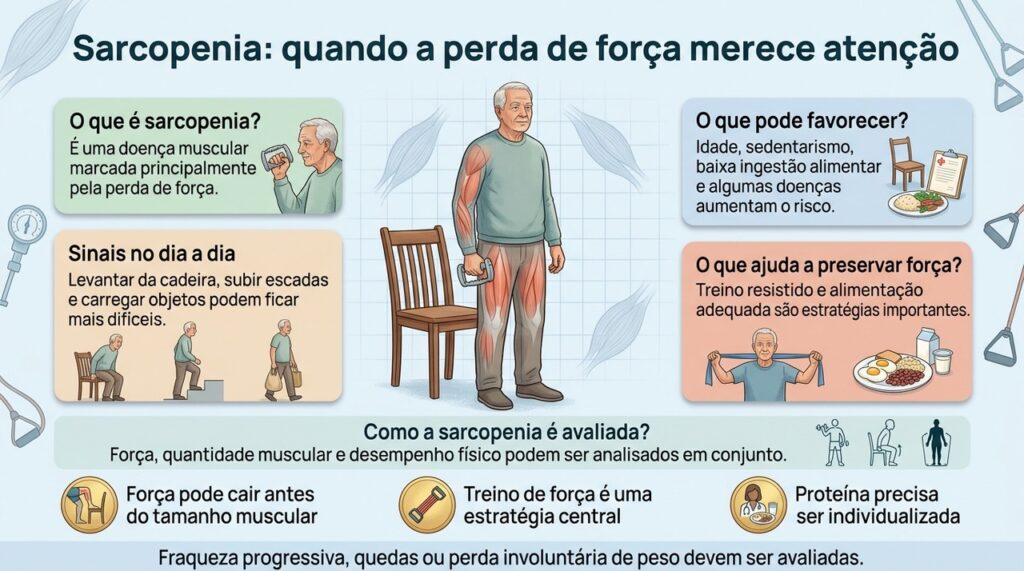 A sarcopenia envolve principalmente perda de força e pode comprometer mobilidade e autonomia quando progride.