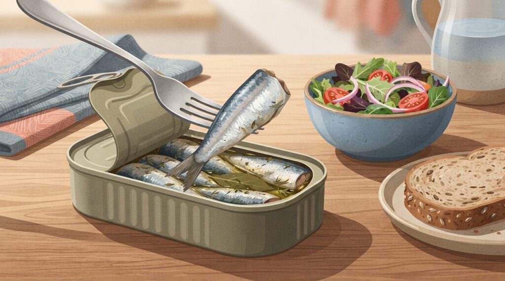 Na sardinha enlatada, as espinhas macias podem ser consumidas e ajudam a aumentar a oferta de cálcio.