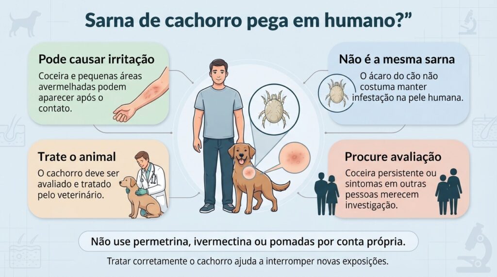 A sarna sarcóptica do cachorro pode causar dermatite passageira em pessoas, mas é diferente da escabiose humana.