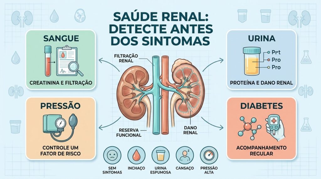 Creatinina, urina, pressão e diabetes ajudam a identificar riscos renais precocemente.