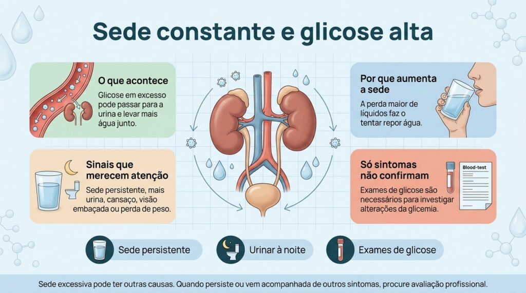 Sede excessiva associada ao aumento da urina pode ser um sinal de glicose elevada, mas o diagnóstico depende de avaliação e exames.