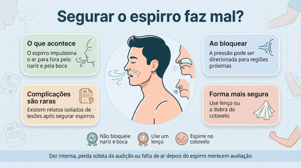 Bloquear completamente nariz e boca durante o espirro pode aumentar a pressão, embora complicações importantes sejam raras.