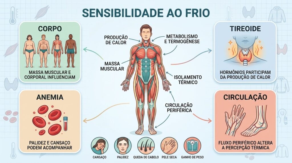 Corpo, tireoide, anemia e circulação podem influenciar a sensibilidade ao frio.