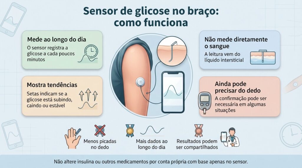O monitor contínuo registra a glicose no líquido intersticial e ajuda a acompanhar tendências ao longo do dia.