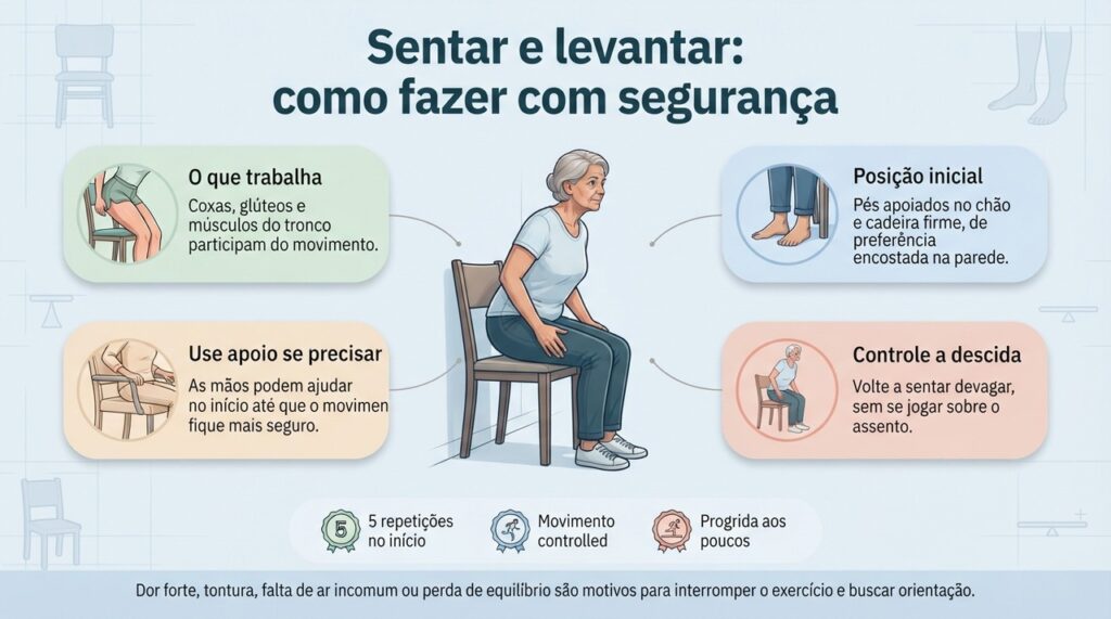O exercício pode começar com poucas repetições e apoio das mãos, aumentando gradualmente conforme a segurança e a força melhoram.