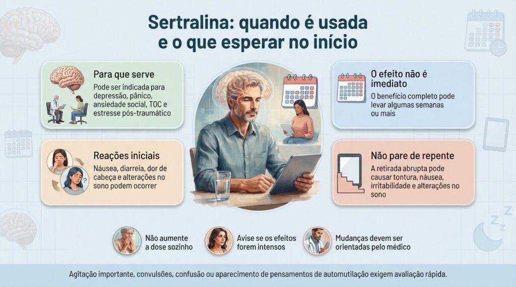 A sertralina pode levar semanas para mostrar o benefício completo, e mudanças de dose ou retirada devem ser feitas com orientação médica.
