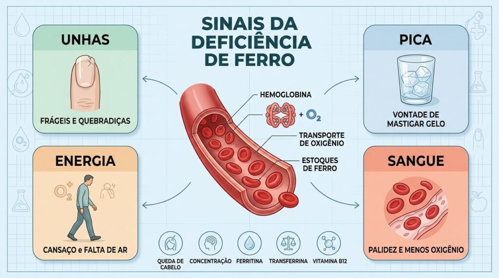 Ferritina e saturação de transferrina ajudam a confirmar a deficiência de ferro.