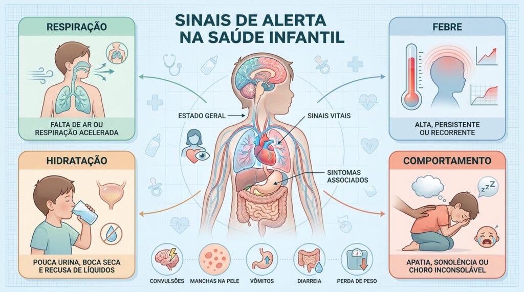 Mudanças no comportamento, hidratação, respiração e alimentação ajudam a reconhecer sinais de alerta infantil.