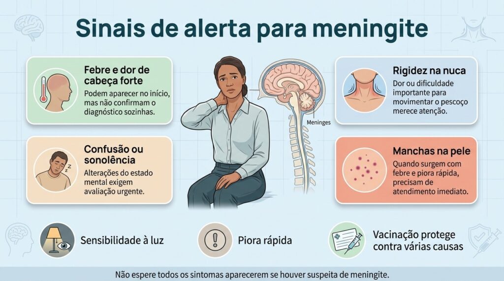 Rigidez na nuca, alteração da consciência, piora rápida e manchas na pele estão entre os sinais que exigem avaliação imediata.