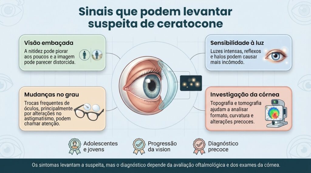 Sintomas e mudanças frequentes no grau podem levantar a suspeita, mas exames da córnea são necessários para confirmar o diagnóstico.