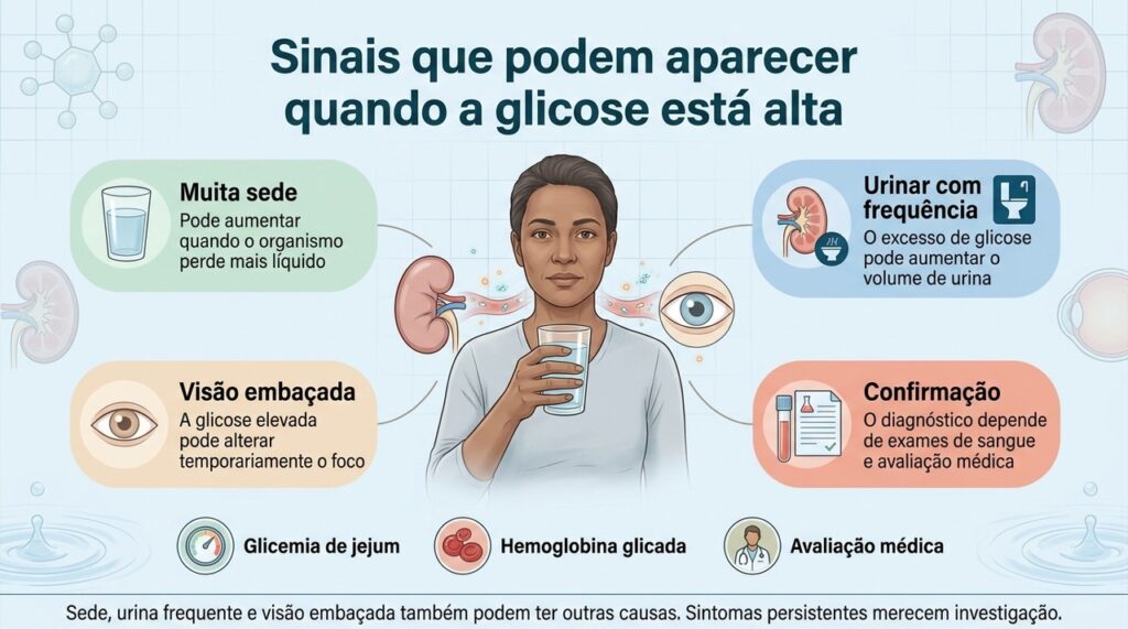 Os sintomas podem sugerir glicose elevada, mas o diagnóstico depende de exames e avaliação clínica.
