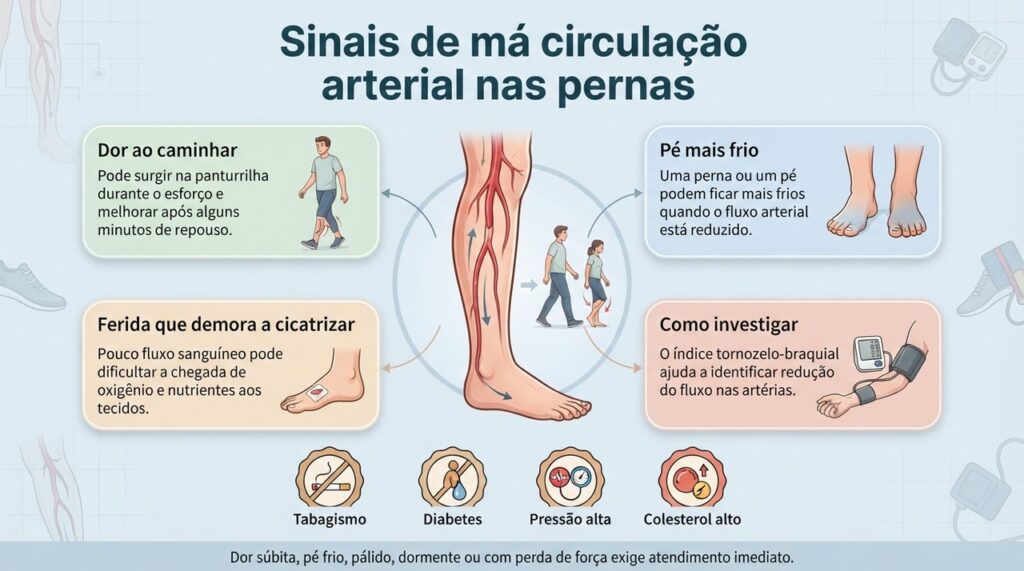 Dor ao caminhar, frio no pé e cicatrização lenta podem justificar investigação da circulação arterial nas pernas.