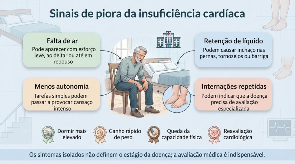 A progressão da insuficiência cardíaca pode aparecer como falta de ar, retenção de líquido, perda de autonomia e internações recorrentes.