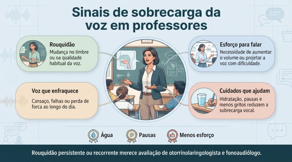 Rouquidão, esforço para falar e voz que enfraquece ao longo do dia são sinais comuns de sobrecarga vocal.