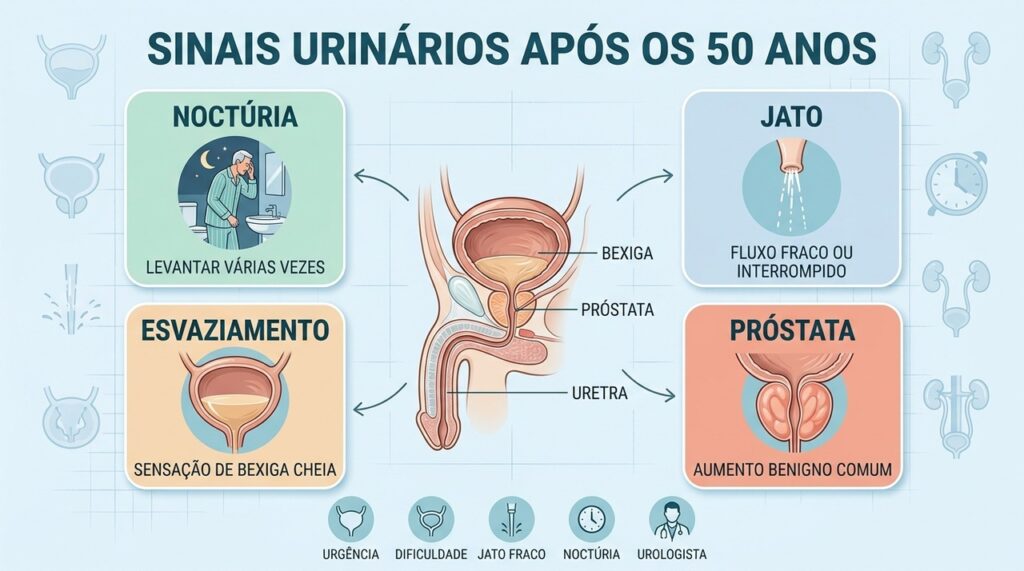 Noctúria, jato fraco e dificuldade para esvaziar a bexiga merecem avaliação urológica.