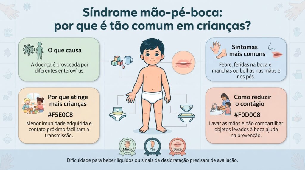 A síndrome mão-pé-boca costuma causar febre e lesões nas mãos, nos pés e na boca, especialmente em crianças menores de 5 anos.