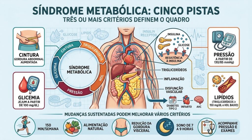Cintura, pressão, glicemia, triglicerídeos e HDL formam as cinco pistas metabólicas.