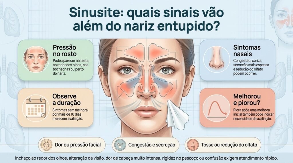 Na sinusite, a combinação de sintomas faciais, nasais e a evolução ao longo dos dias ajuda a orientar a avaliação.