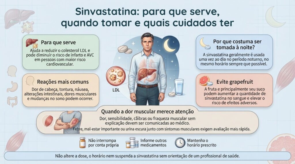 A sinvastatina reduz principalmente o LDL, costuma ser tomada à noite e exige atenção a interações e sintomas musculares.