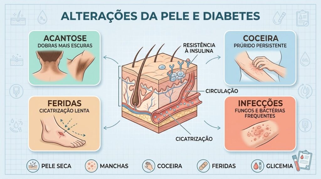 Acantose, coceira, feridas e infecções podem sinalizar alterações metabólicas que exigem exames.