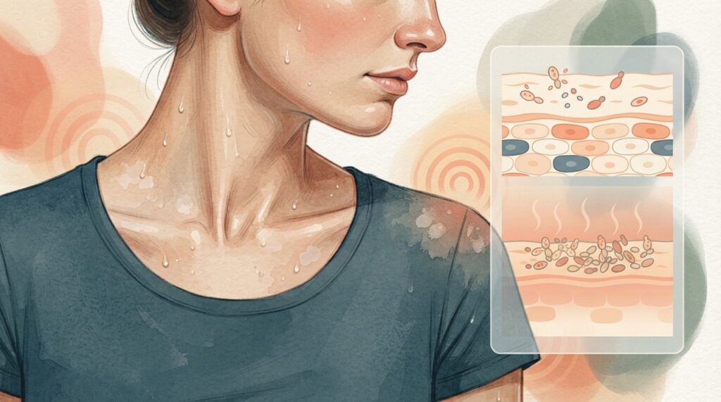 Calor, umidade e suor podem favorecer a proliferação da Malassezia, fungo que normalmente já vive na pele.