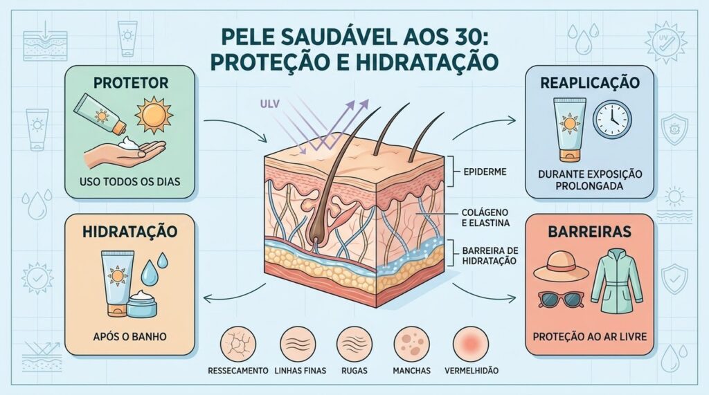 Protetor solar, hidratação e barreiras físicas ajudam a preservar a pele contra o fotoenvelhecimento.