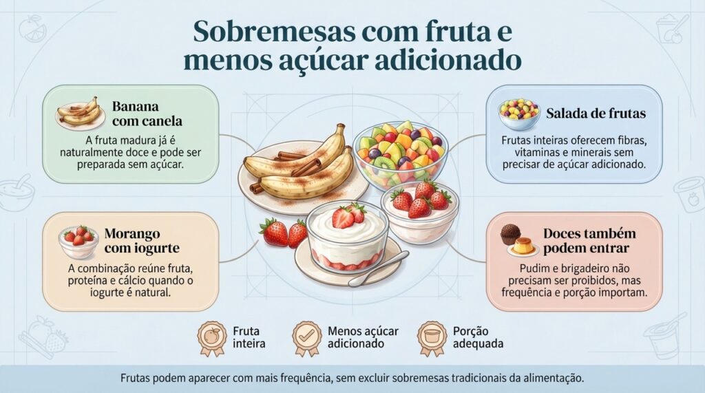 Sobremesas com frutas podem oferecer fibras e micronutrientes e reduzir a necessidade de açúcar adicionado no dia a dia.