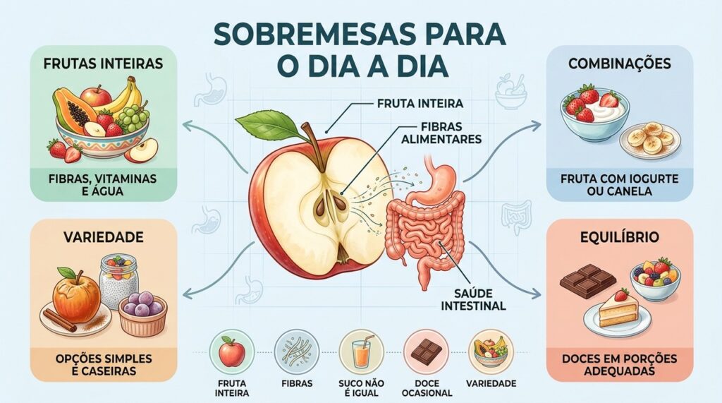 Priorize frutas inteiras, varie preparações e inclua chocolate ou bolo sem proibições rígidas.