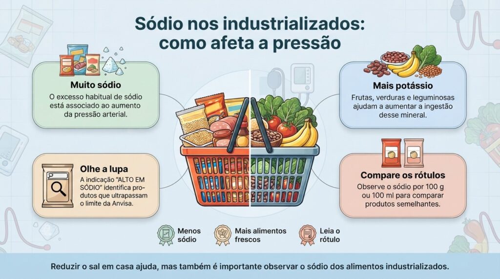 Reduzir produtos muito ricos em sódio e priorizar alimentos frescos pode favorecer o controle da pressão arterial.
