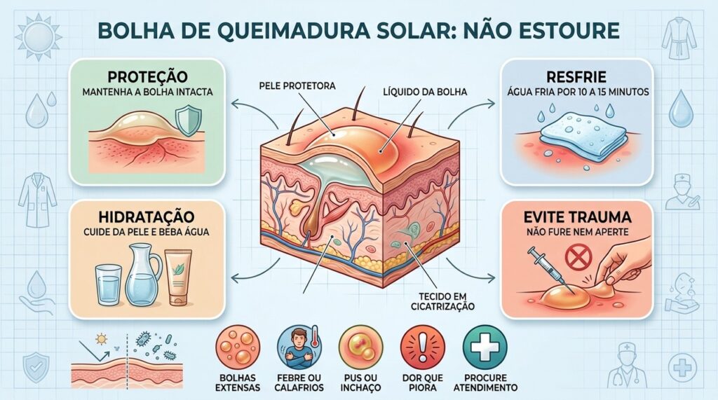 Resfriar, hidratar e evitar romper a bolha ajudam a proteger a cicatrização.