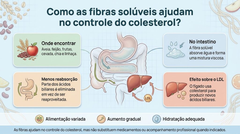 As fibras solúveis atuam no intestino e podem contribuir para reduzir o LDL como parte de uma alimentação equilibrada.