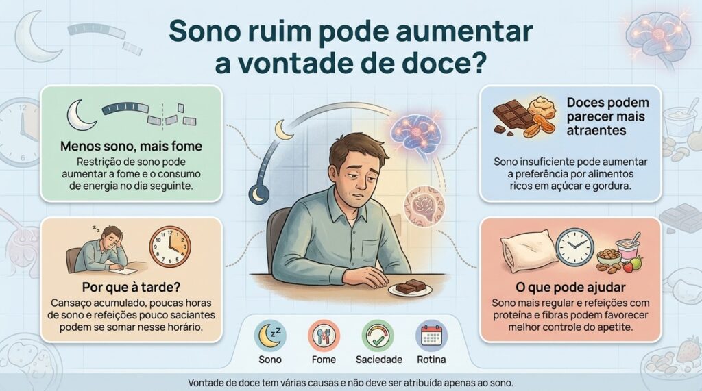 Sono insuficiente pode aumentar fome e preferência por doces, mas alimentação, estresse e rotina também influenciam.