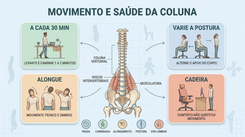 Pausas frequentes, caminhada breve e mudanças posturais ajudam a reduzir a sobrecarga lombar.