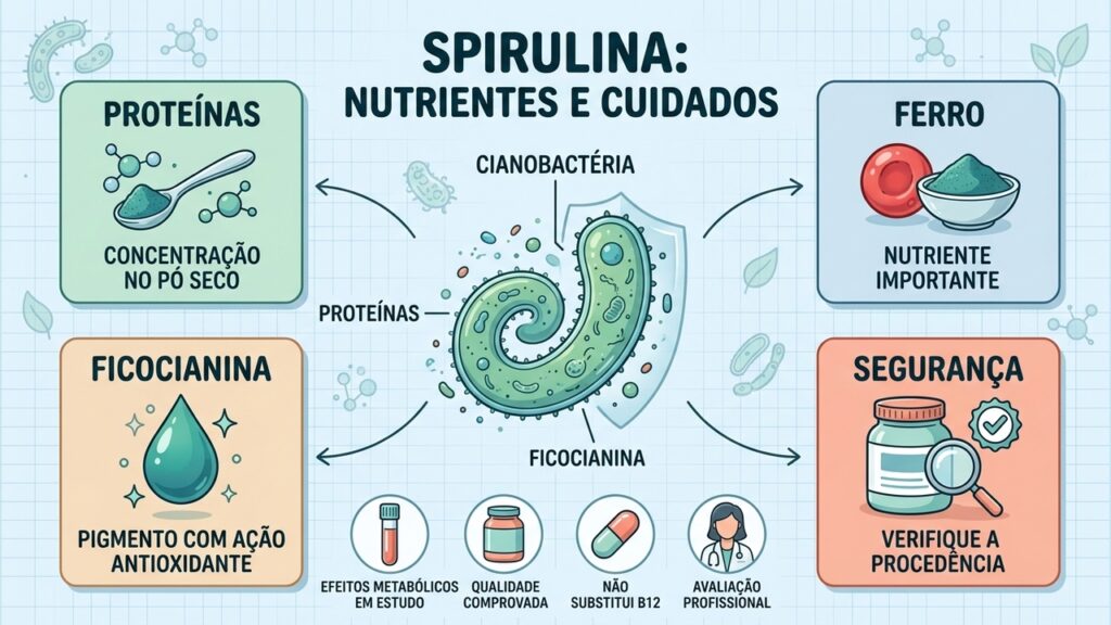 Proteínas, ferro e ficocianina são destaques da spirulina; procedência e segurança também importam.