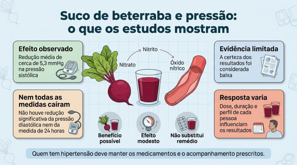 Os estudos sugerem uma pequena redução da pressão sistólica, mas com evidência limitada e sem substituir os anti-hipertensivos.