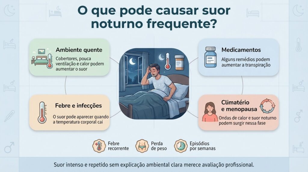 Suor noturno frequente é um sintoma com várias causas possíveis e deve ser avaliado pelo conjunto dos sinais.