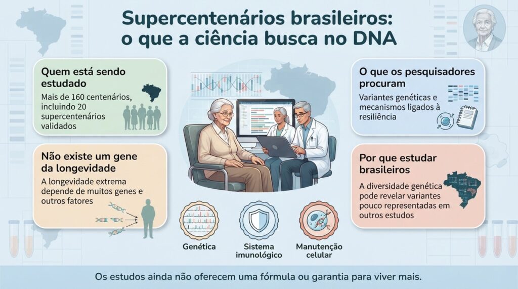 O estudo dos supercentenários busca entender combinações genéticas e mecanismos biológicos associados ao envelhecimento extremo e saudável.
