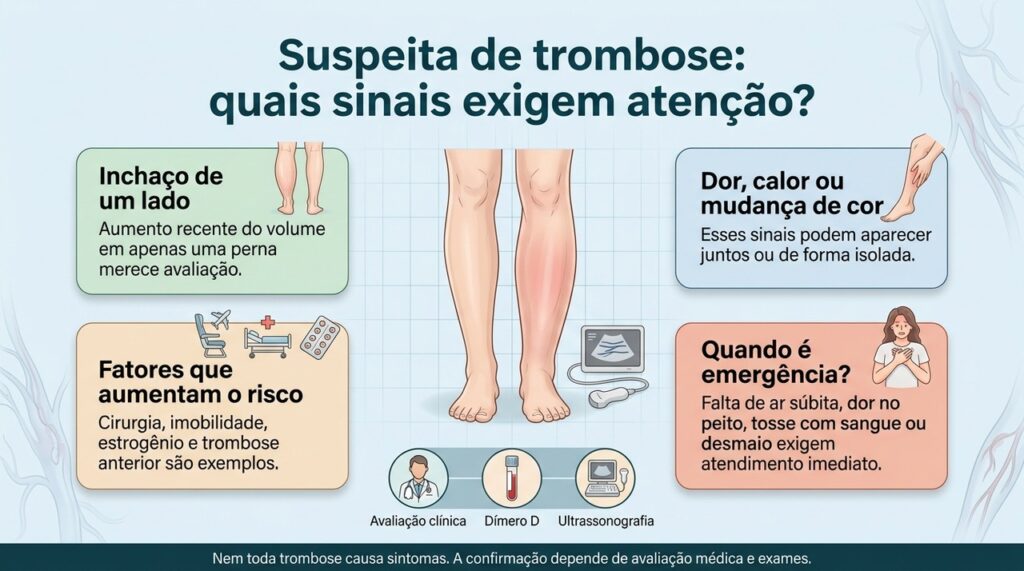 A trombose pode causar inchaço, dor, calor e alteração da cor da pele, mas alguns casos apresentam poucos sintomas.