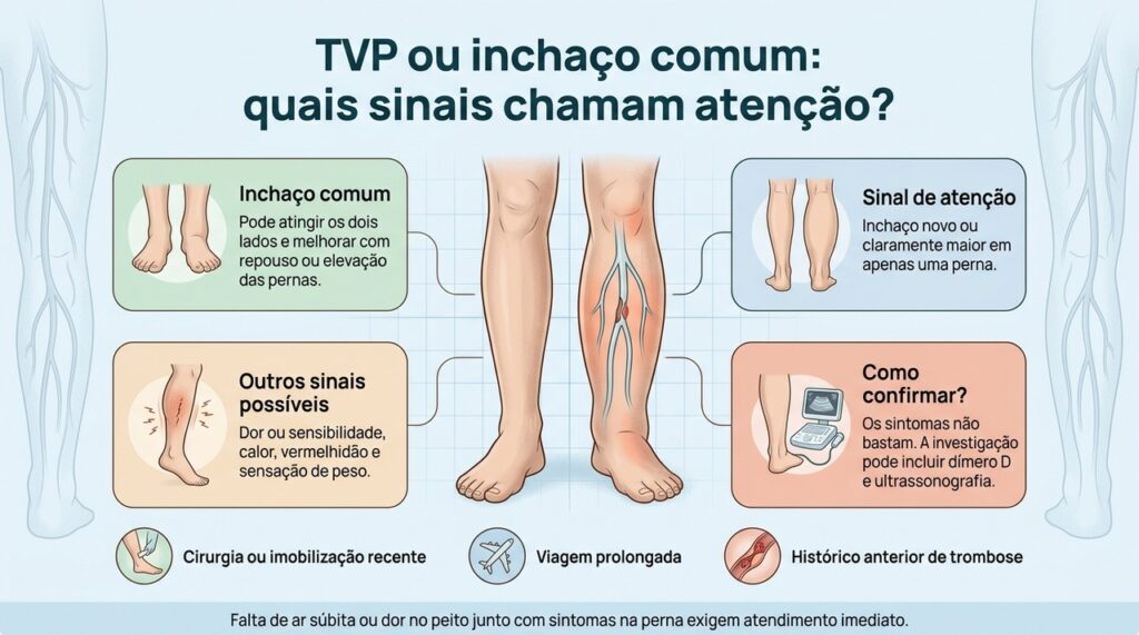 A TVP não pode ser confirmada apenas pelos sintomas, mas inchaço unilateral com dor, calor ou vermelhidão exige atenção.
