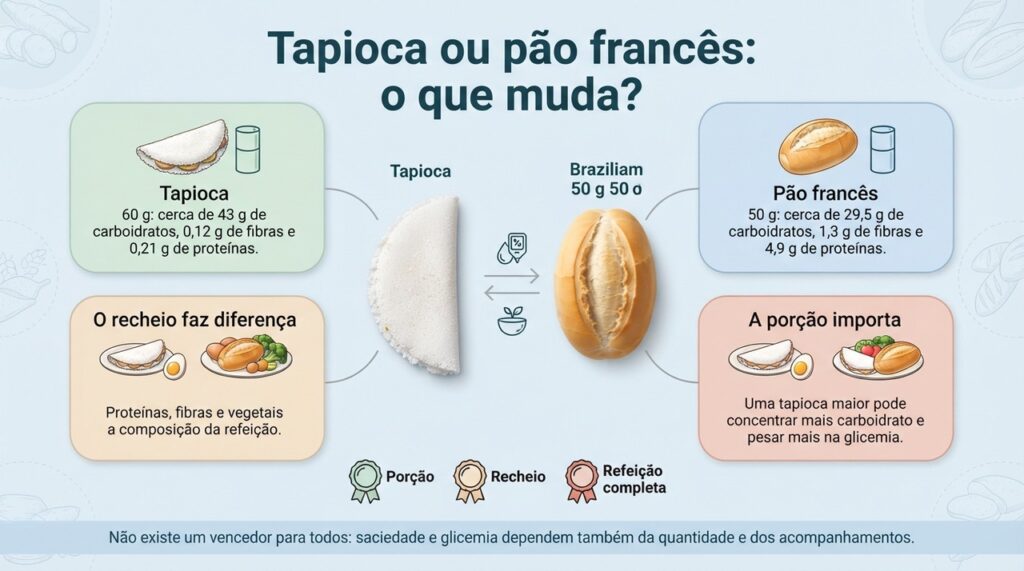 Em porções comuns, o pão francês oferece um pouco mais de proteína e fibra, mas a porção e os acompanhamentos mudam a comparação.